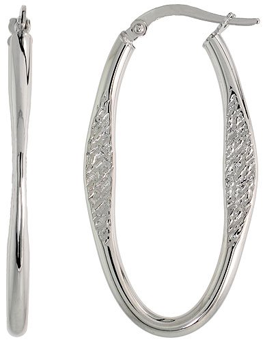 10K White Gold Oval Hoop Earrings Dabbed and Textured Italy 1 1/2 inch