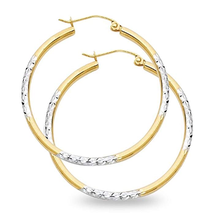 Round Hoop Earrings 14k Yellow White Gold Diamond Cut Polished Finish Fancy Two Tone (Size Options)