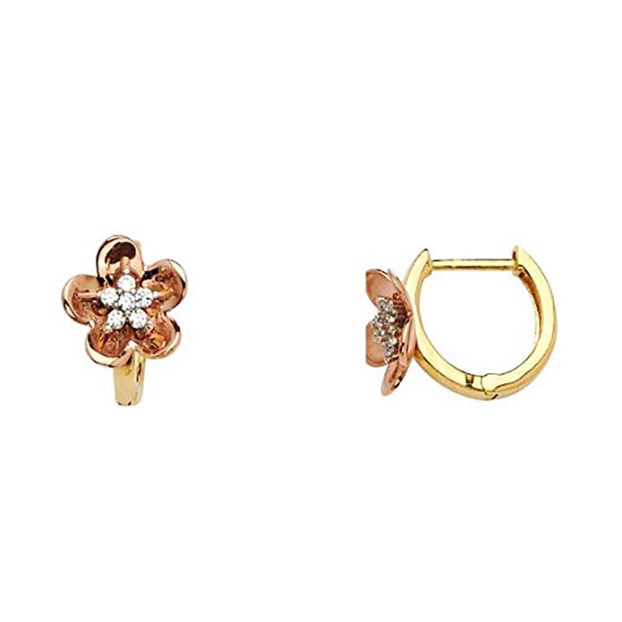 Women's 14k Two Tone Gold 13mm Wide Flower CZ Huggies Small Hoop Earrings (0.51