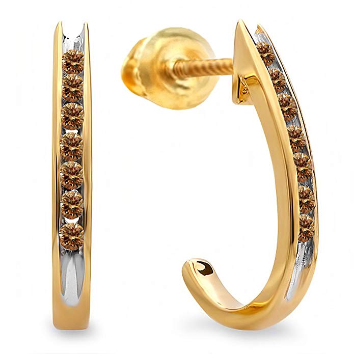 0.15 Carat (ctw) 10K Yellow Gold Round Champagne Diamond Ladies Fancy J Shaped Hoop Earrings