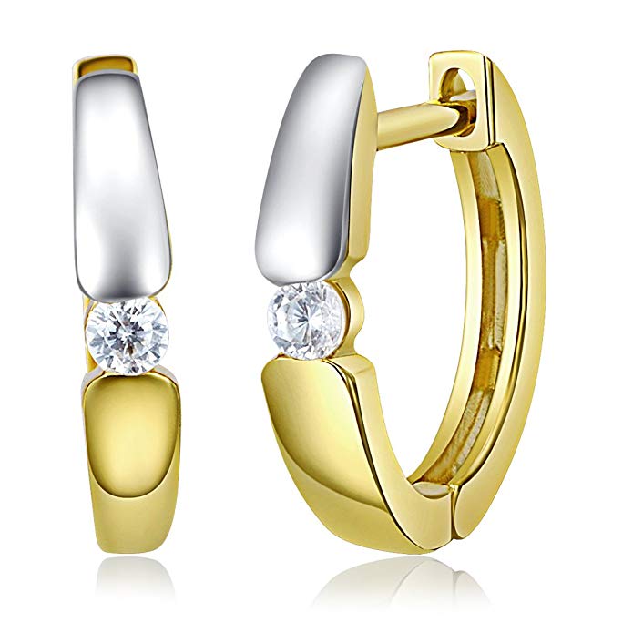 Wellingsale Ladies 14k Two Tone Gold Polished 2mm CZ Hoop Huggies Earrings (13 x 13 mm)