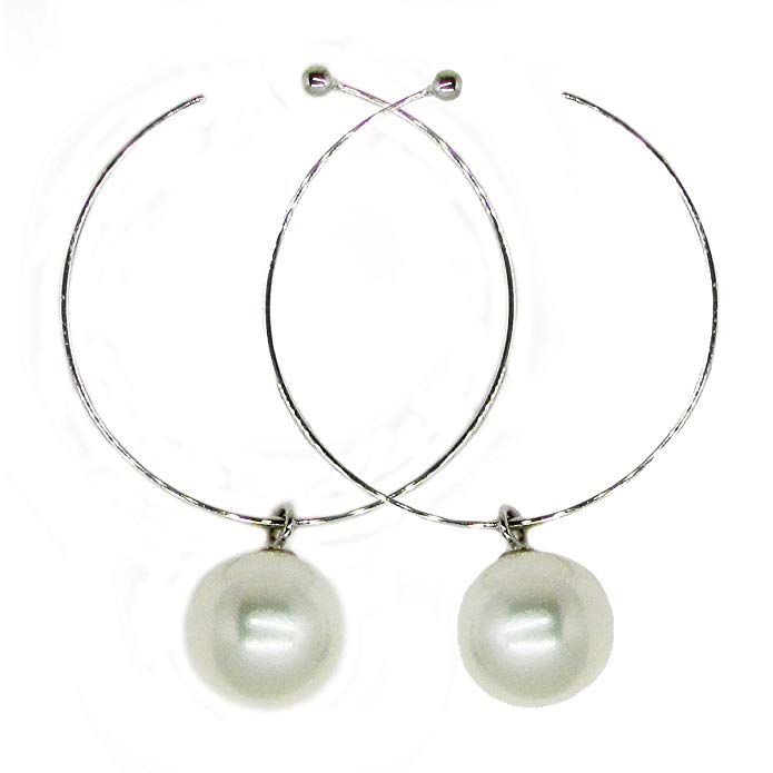 Medium 18K White Gold Hoop Earrings with Cultured Freshwater Pearl Dangles, 0.8 inch (21mm Diam)