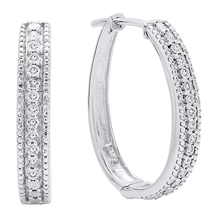 0.10 Carat (ctw) Sterling Silver Round White Diamond Ladies Hoop Earrings 1/10 CT