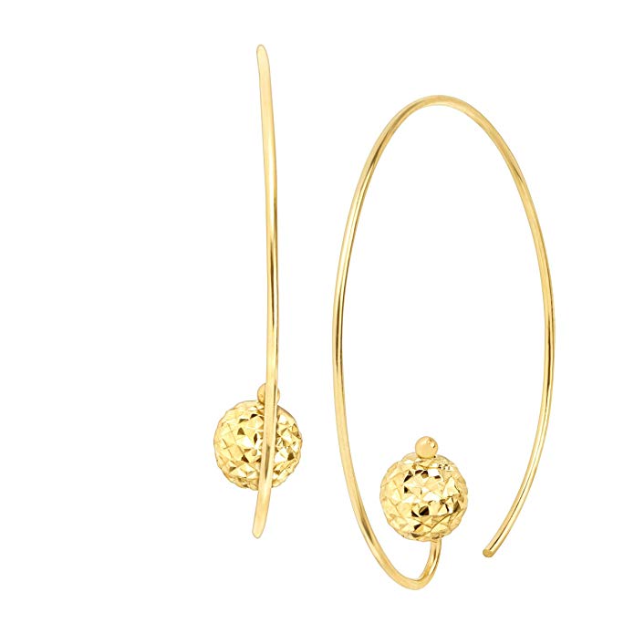 Just Gold Wire Hoop Earrings with Textured Bead in 14K Gold