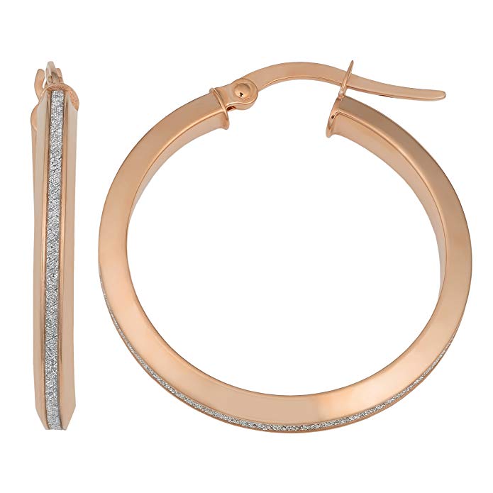 14k Gold 3x20mm Glittered Surface Round Hoop Earrings