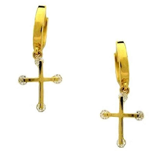 14K Real Yellow Gold Huggies Cross Hoops Hoop Earrings 2x12 Mm