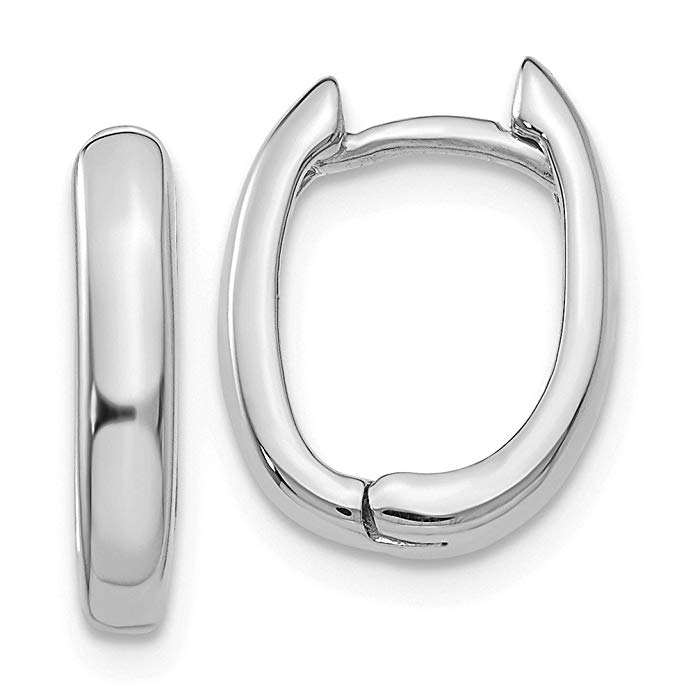 14k White Gold Oval Hinged Hoop Huggie Earrings (0.4IN x 0.5IN)