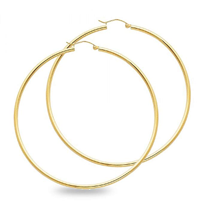 Solid 14k Yellow Gold Big Round Hoop Earrings Polished Finish French Lock Genuine Classic (Size Options)