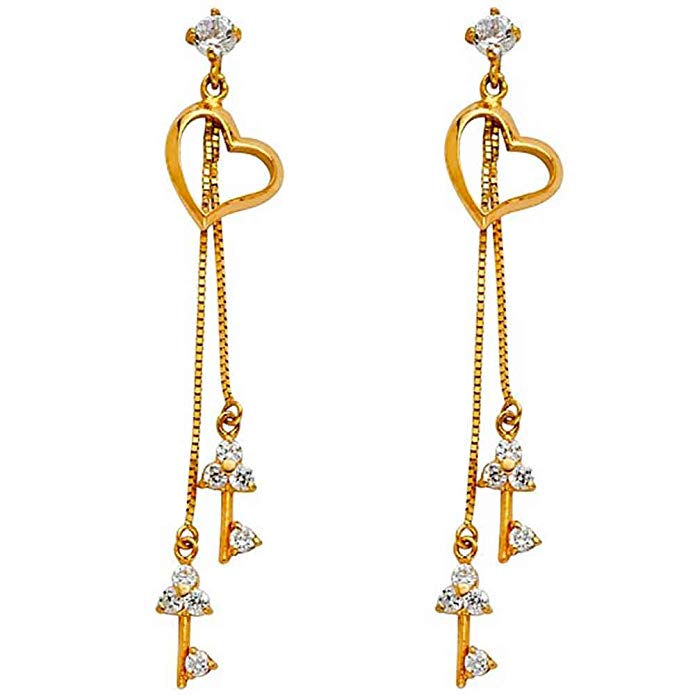 Women's 14k Yellow Gold CZ Dangling Heart Huggies Small Hoop Earrings (1.77 in)