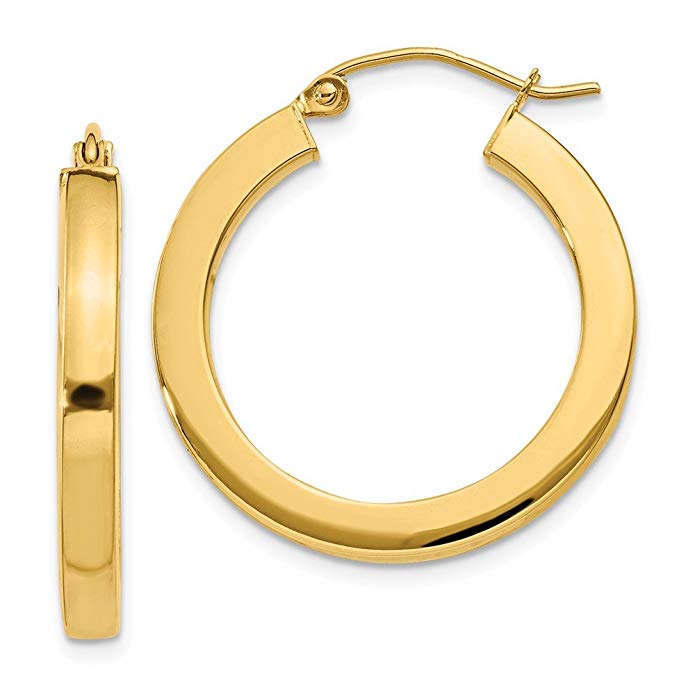 3 mm Square Hoop Tube Earrings in Genuine 14k Yellow Gold - 25 to 50mm