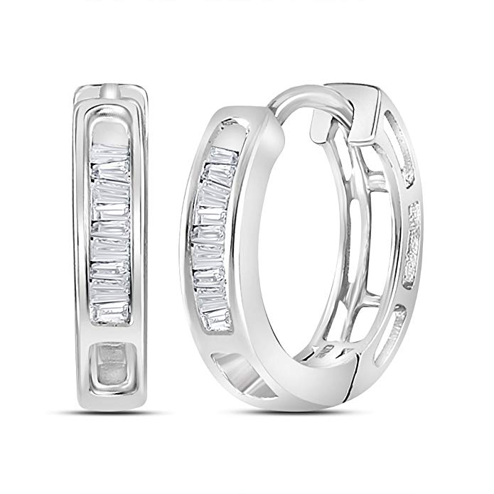 10kt White Gold Womens Baguette Diamond Huggie Hoop Earrings 1/6 Cttw (I2-I3 clarity; I-J color)