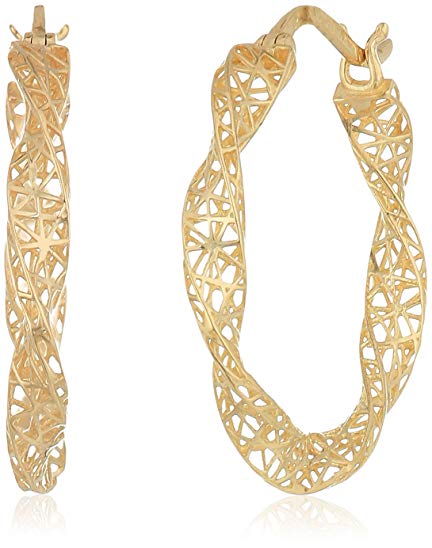 14k Yellow Gold Twist with Micro-Filigree Texture Hoop Earrings